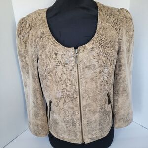 Genuine Leather Suede Jacket Beige w/ Snake Print Vintage 3/4 Sleeves Womens S/M